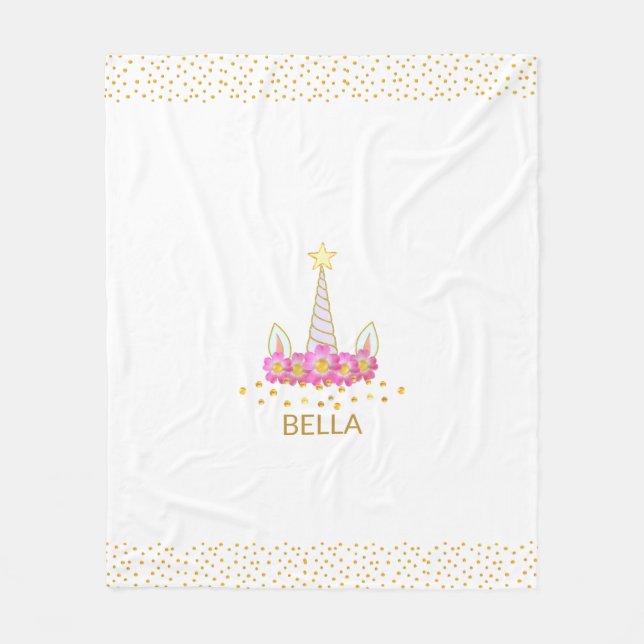 Unicorn, flowers & golden confetti on white fleece (Front)