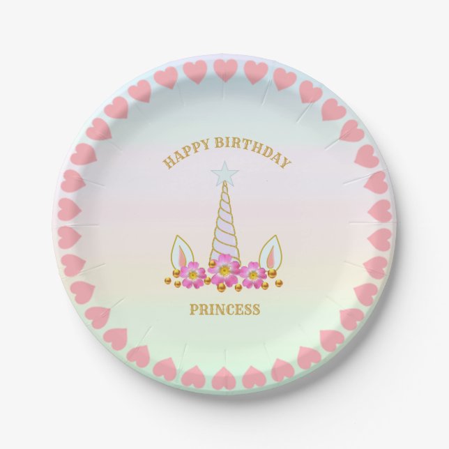 Unicorn, Flowers, Hearts & Gold Dots Paper Plates (Front)