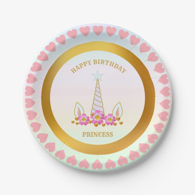 Unicorn, Flowers, Hearts & Gold Dots Paper Plates (Front)