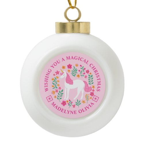 Unicorn Flowers Magical Christmas Personalized Ceramic Ball Christmas Ornament