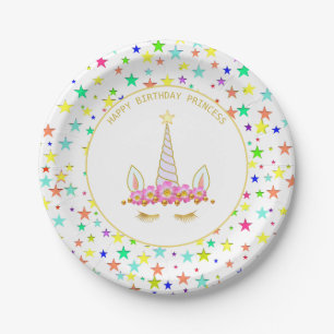 Unicorn, Flowers & Multicolored Stars Birthday Paper Plates