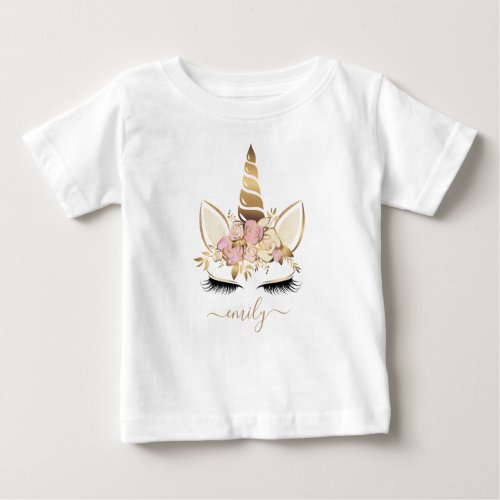 Unicorn Flowers Personalized Name Baby T_Shirt