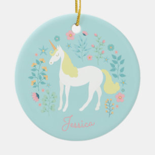 Unicorn Flowers Pink Aqua Personalized Ceramic Ornament