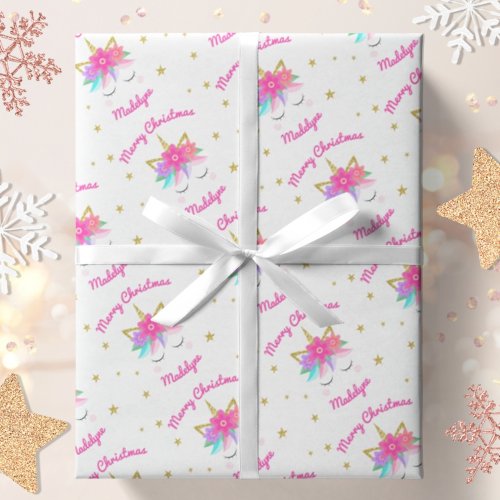 Unicorn Flowers Pink Personalized Christmas Wrapping Paper