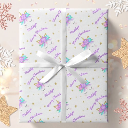 Unicorn Flowers Purple Cute Personalized Christmas Wrapping Paper