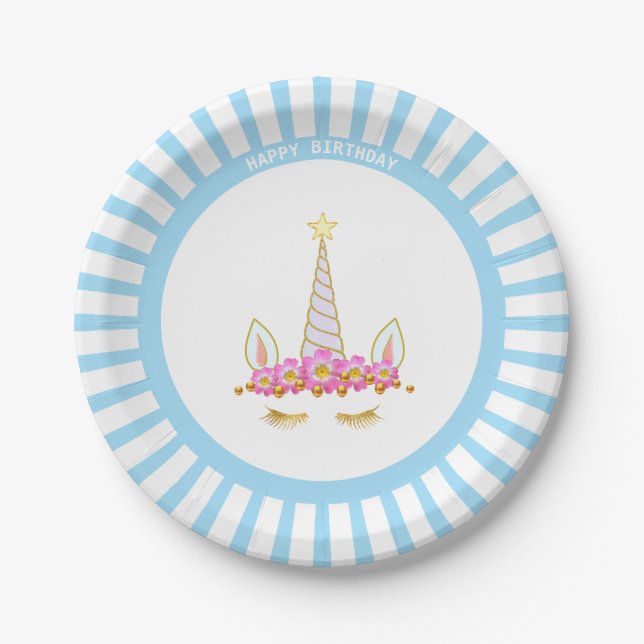 Unicorn, Flowers & Rays on Light Blue Birthday Paper Plates (Front)
