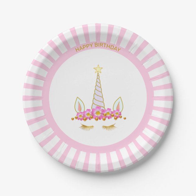 Unicorn, Flowers & Rays on Pink Birthday Paper Plates (Front)
