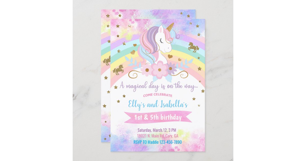 Unicorn & flowers siblings birthday invitation. invitation