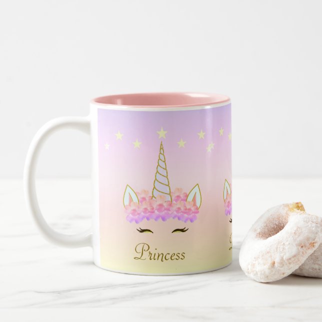 Unicorn Flowers Stars & Calligraphy Two-Tone Coffee Mug (With Donut)