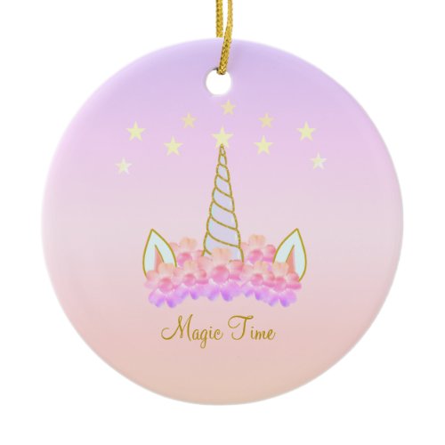 Unicorn Flowers &amp; Stars Ceramic Ornament
