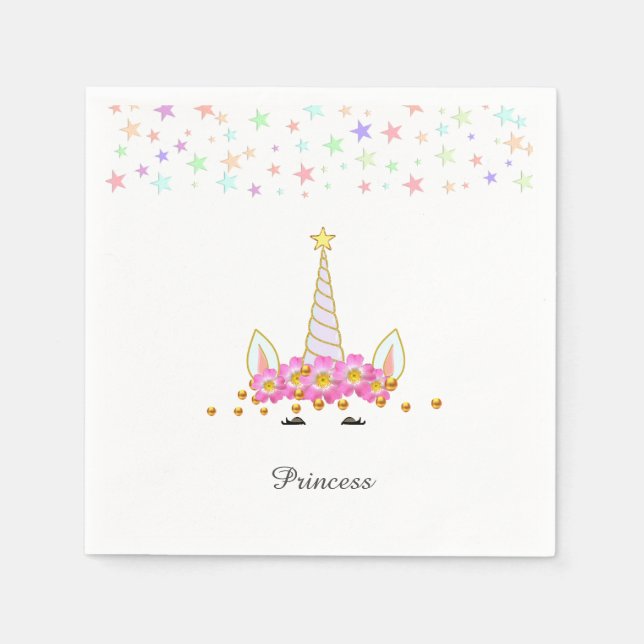 Unicorn, Flowers, Stars & Gold Confetti Birthday Napkins (Front)