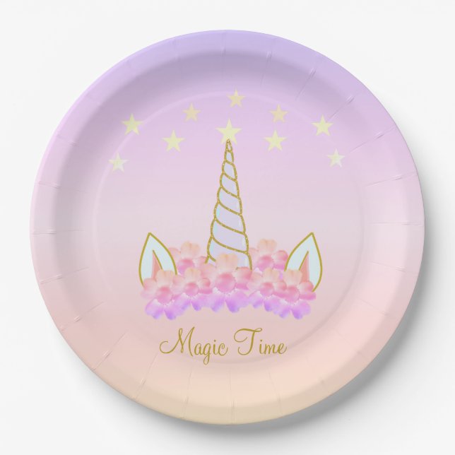 Unicorn Flowers & Stars Magic Paper Plates (Front)