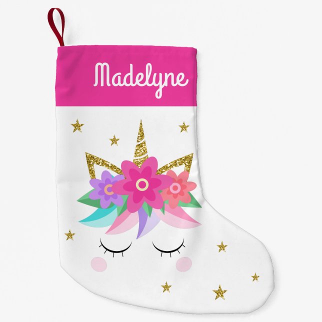 Unicorn Flowers Stars Personalized Name Pink Small Christmas Stocking (Front)