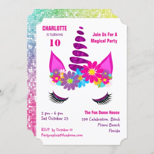 Unicorn Flowery Super Cute Girly Birthday Invite