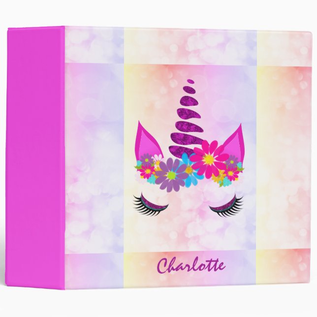 Unicorn Flowery Super Cute Girly Personalized 3 Ring Binder (Front/Spine)