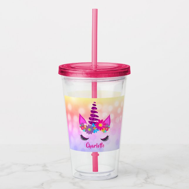 Unicorn Flowery Super Cute Girly Personalized Acrylic Tumbler (Front)
