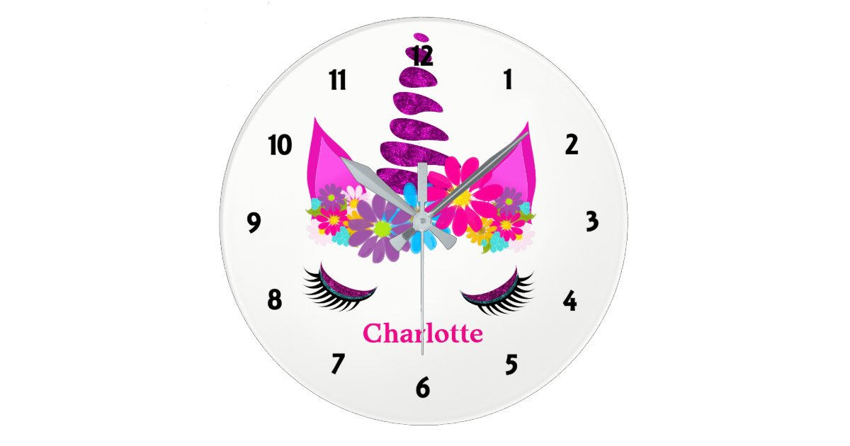 Unicorn Flowery Super Cute Girly Personalized Large Clock Zazzle