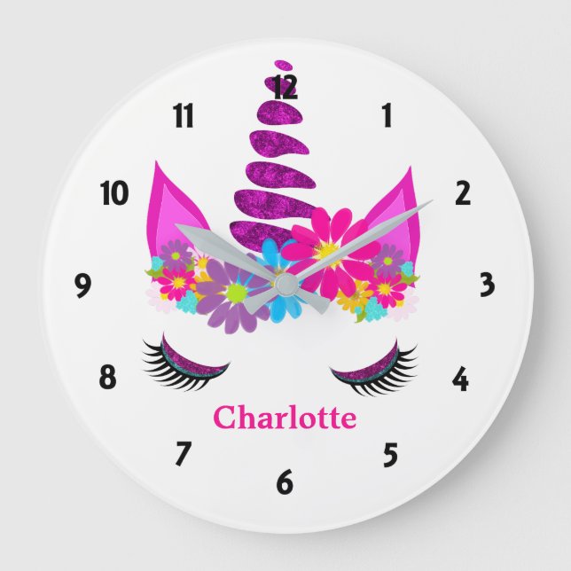 Unicorn Flowery Super Cute Girly Personalized Large Clock (Front)