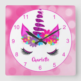 Unicorn Flowery Super Cute Girly Personalized Square Wall Clock