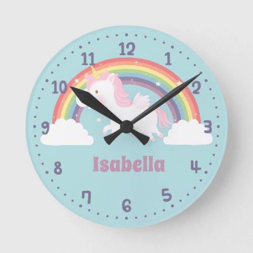 Unicorn Flying Over Rainbow and Clouds Girls Room Round Clock