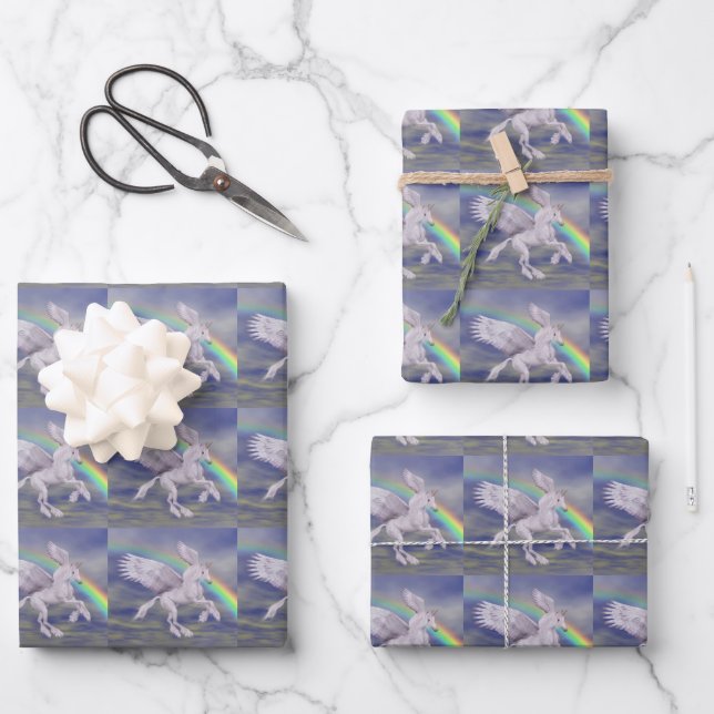 Unicorn Flying Over Rainbow Animal Art   Wrapping Paper Sheets (Front)