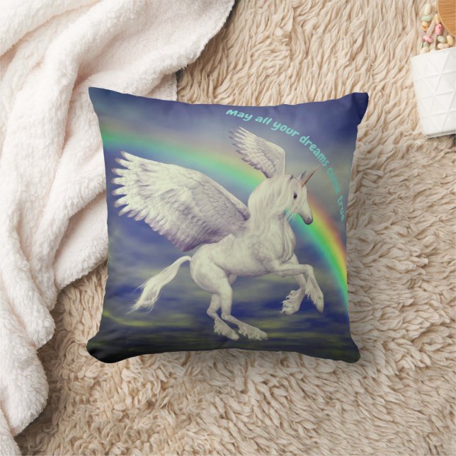 Unicorn Flying Over Rainbow Dreams Inspirational Throw Pillow (Blanket)
