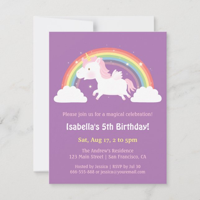 Unicorn Flying Over Rainbow Girls Birthday Party Invitation (Front)
