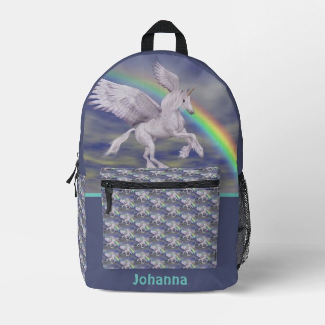 Unicorn Flying Over Rainbow Personalized Printed Backpack (Front)