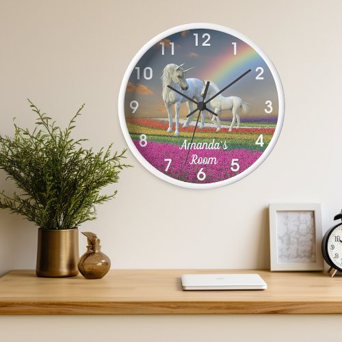 Unicorn Foal and Mother Rainbow Personalized Clock