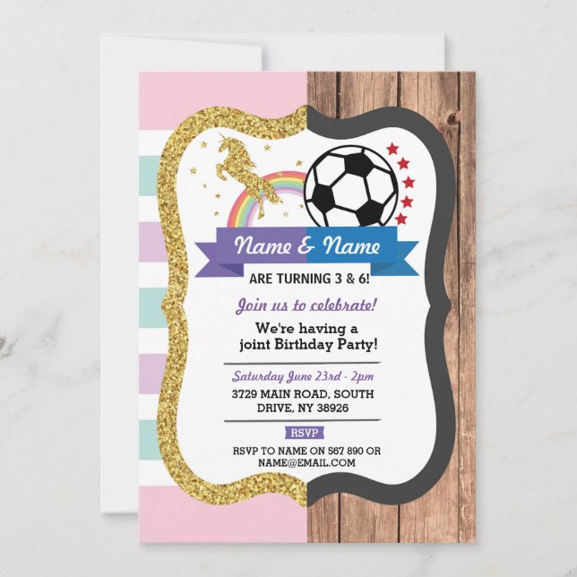 Unicorn & Football Joint Birthday Girl Boy Sports Invitation (Front)