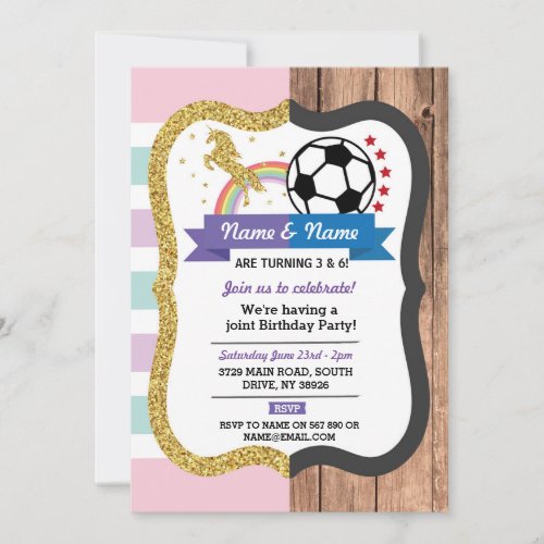 Unicorn  Football Joint Birthday Girl Boy Sports Invitation