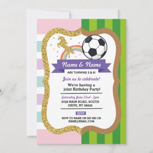 Unicorn  Football Joint Birthday Girl Boy Sports Invitation