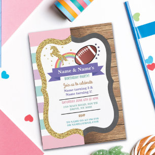 Unicorn & Football Joint Boy Girl Birthday Rugby Invitation