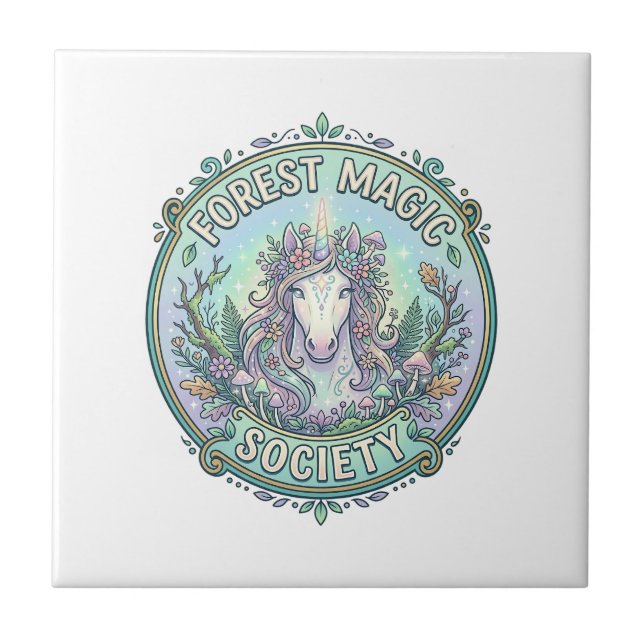 Unicorn Forest Magic Society Graphic Design White  Ceramic Tile (Front)
