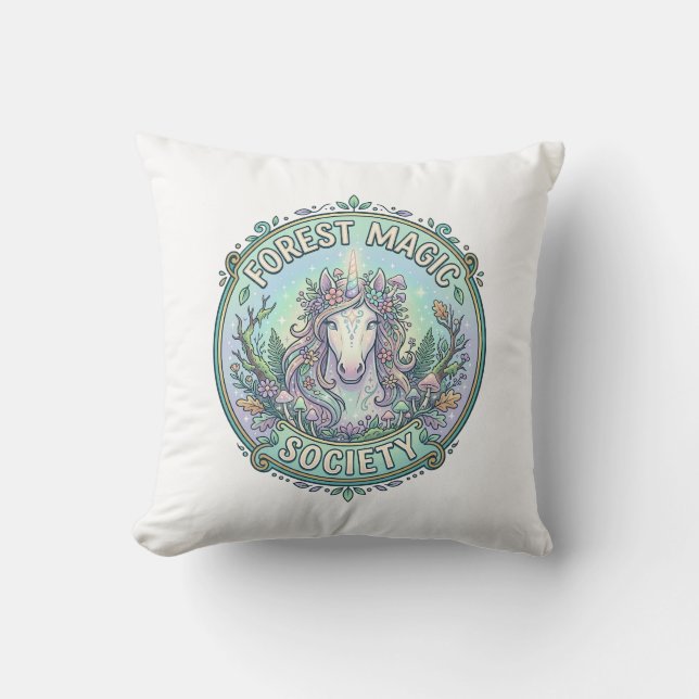 Unicorn Forest Magic Society Graphic Design White  Throw Pillow (Front)