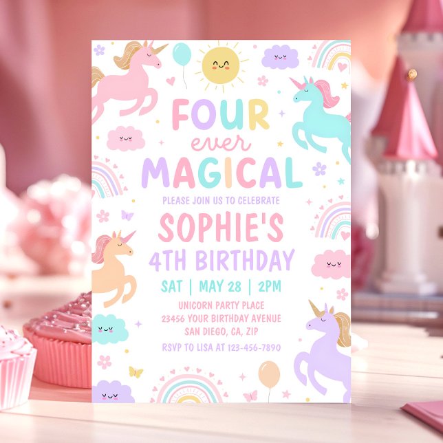 Unicorn Four Ever Magical 4th Birthday Invitation (Creator Uploaded)