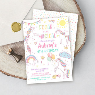 Unicorn Four Ever Magical 4th Birthday Invitation