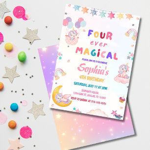 Unicorn Four  Ever Magical 4th Birthday  Invitation