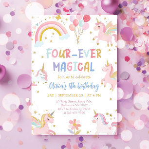 Unicorn Four Ever Magical 4th Party Birthday Invitation
