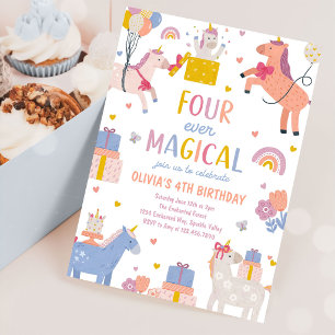 Unicorn Four Ever Magical 4th Party Birthday Party Invitation