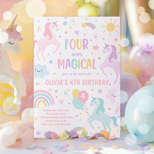 Unicorn Four Ever Magical 4th Party Birthday Party Invitation