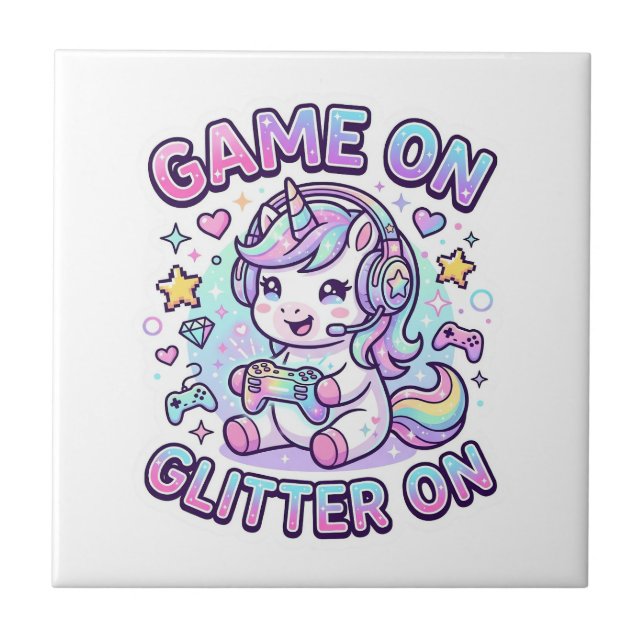 Unicorn Game On Glitter On Graphic Design Merch De Ceramic Tile (Front)