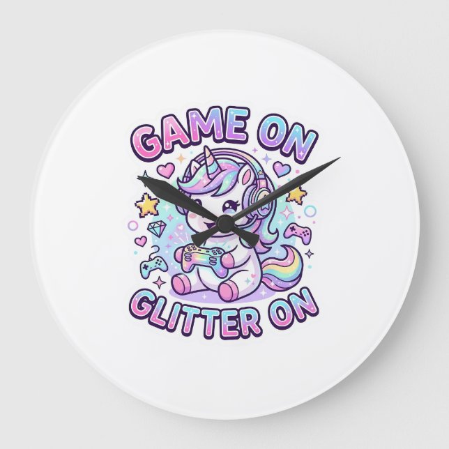 Unicorn Game On Glitter On Graphic Design Merch De Large Clock (Front)