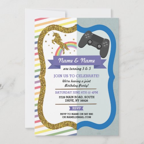 Unicorn  Gaming Joint Boy girl Birthday Invites