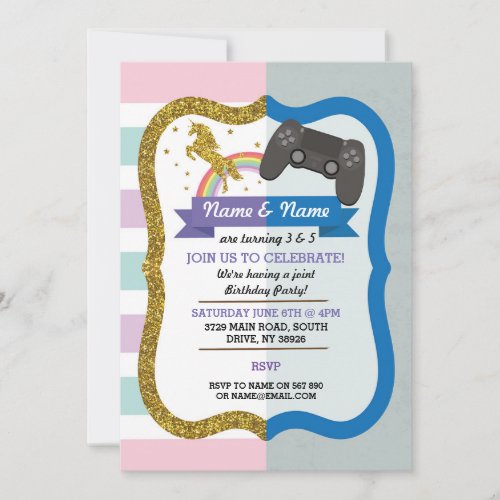 Unicorn  Gaming Joint Boy Girl Birthday Invites