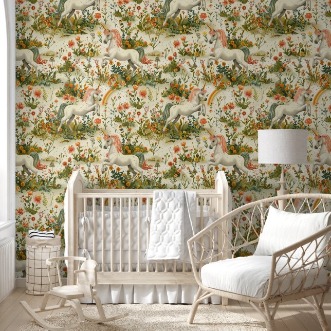 Unicorn garden on white wallpaper  (Kids)