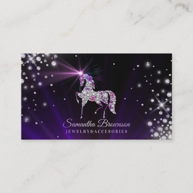 Unicorn gems diamonds jewelry purple business card (Front)