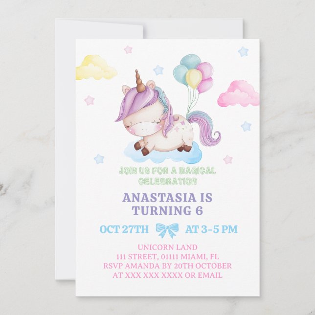Unicorn Girl 6th Birthday Rainbow Party Invitation (Front)