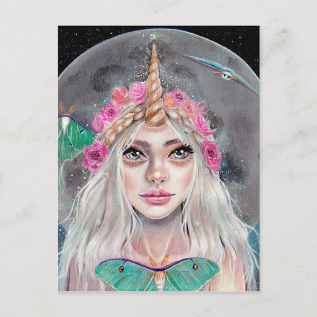Unicorn Girl and her Luna Moths, Original art Postcard (Front)