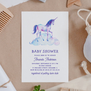 Unicorn Girl Baby Shower. Purple Blue Fairy Animal Invitation by RemioniArt at Zazzle